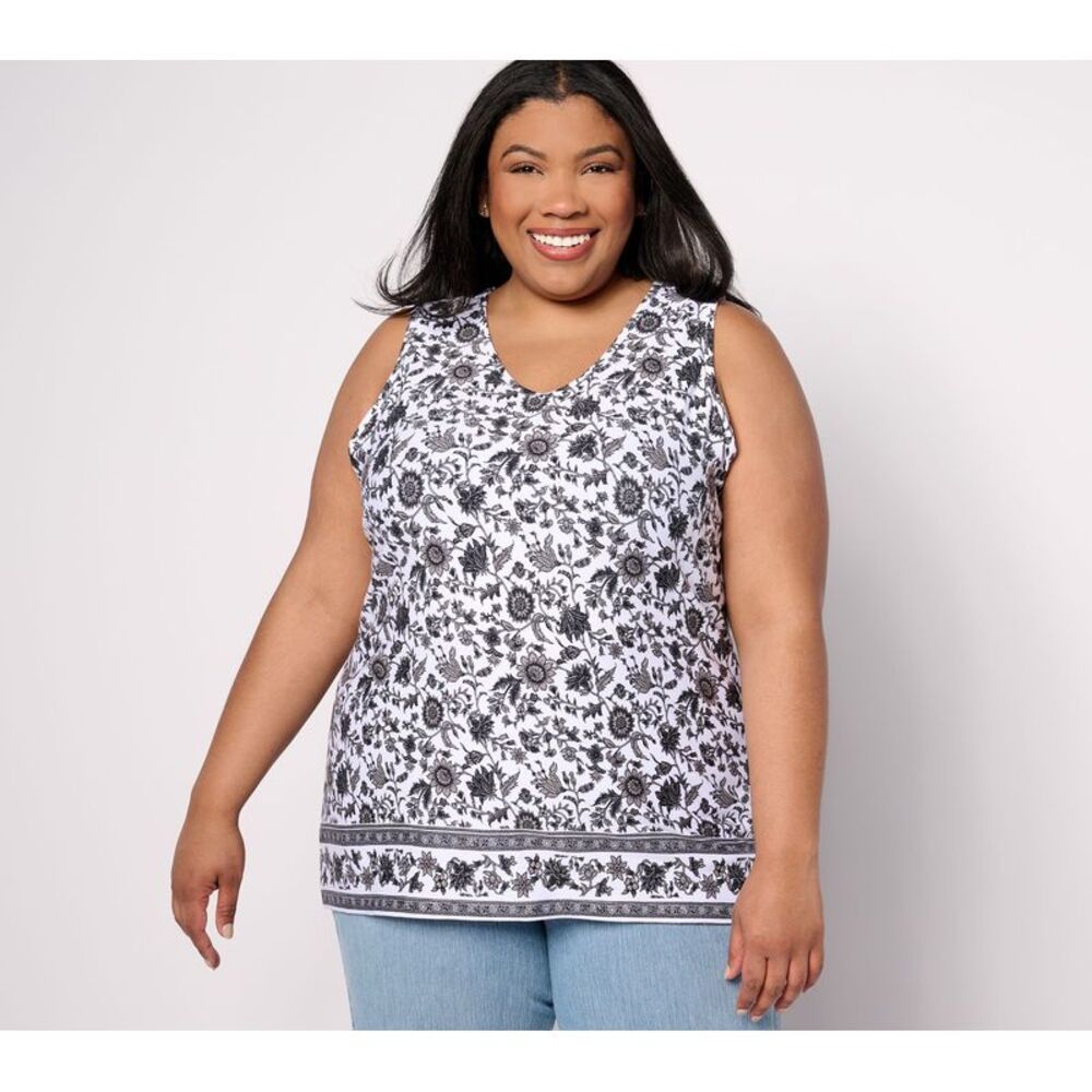 Top Knot Women's Sz M Denim & Co. Favorite Jersey Border Print Black A647414